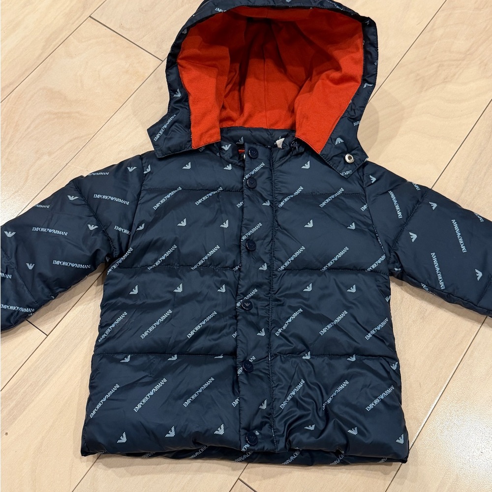 Emporio Armani Kids Navy Puffer Jacket with Red Lining Sz 18m